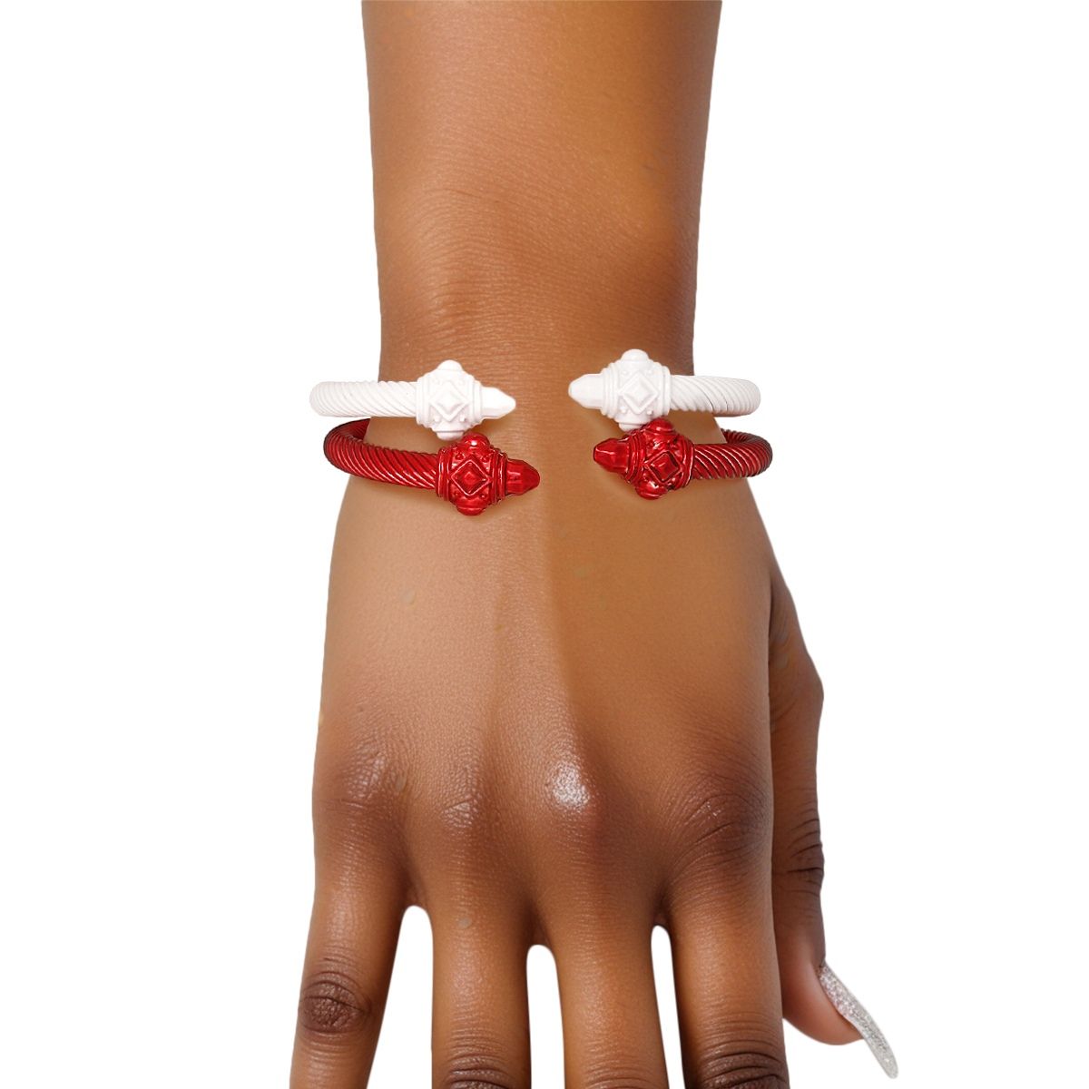 Red White Pointed Cable Bangle Set