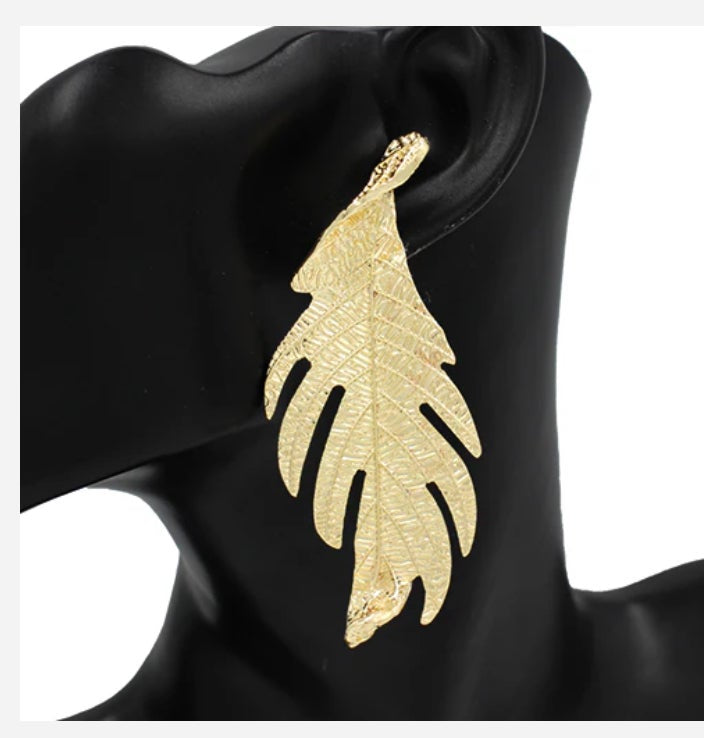Oversized Gold Twisted Leaf Dangle Earrings