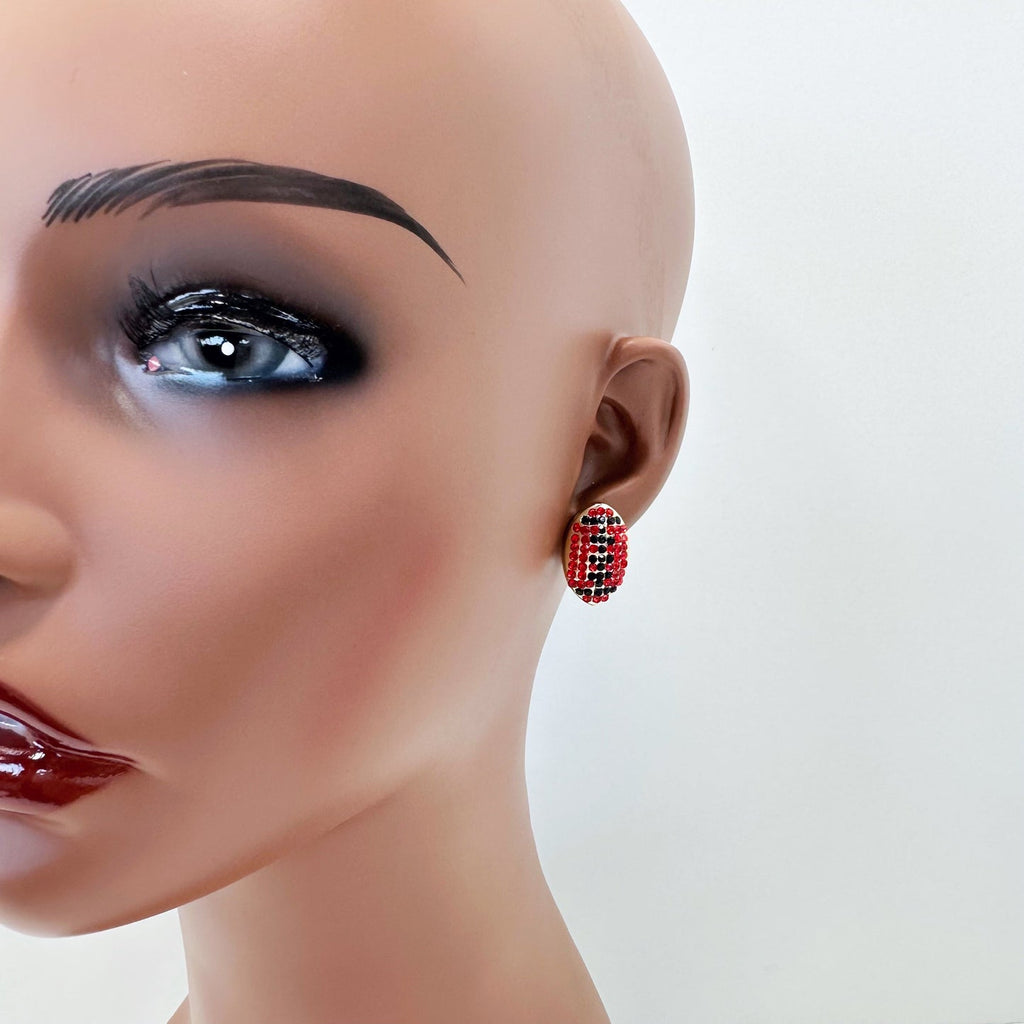 Red and Black Rhinesftone Football Design Stud Earrings