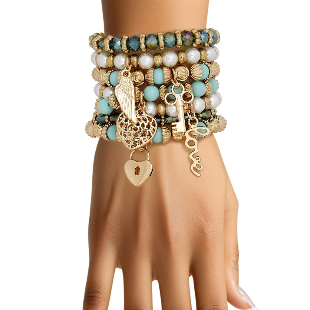Love Charm Pearl Turquoise Bead Bracelet Set