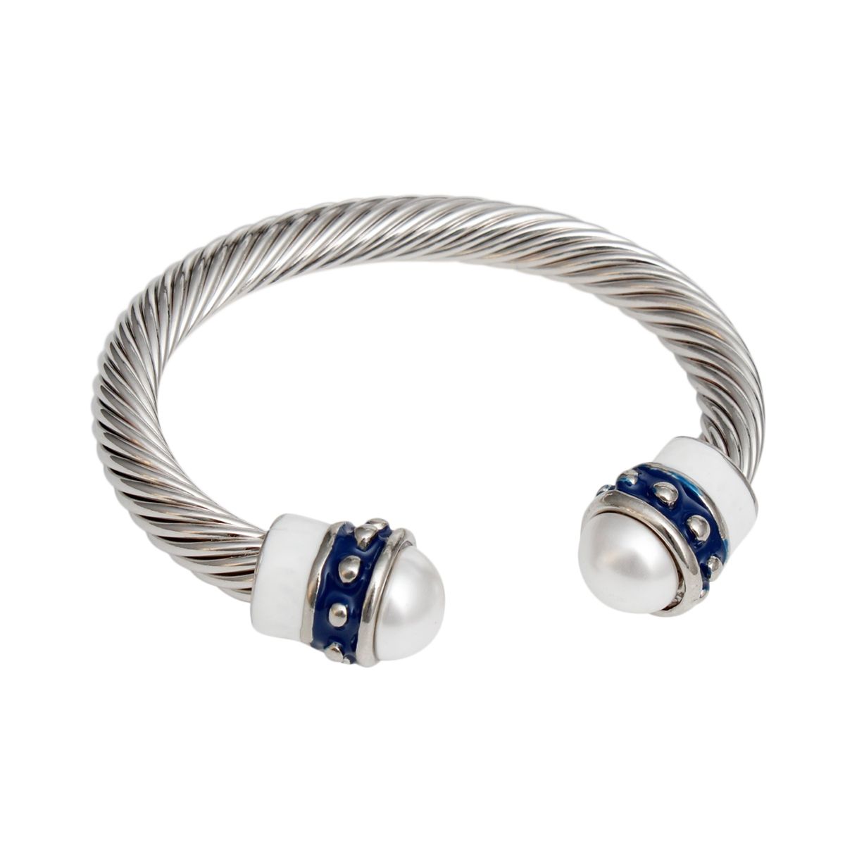  Blue White Thick Cable Classic Silver Bangle