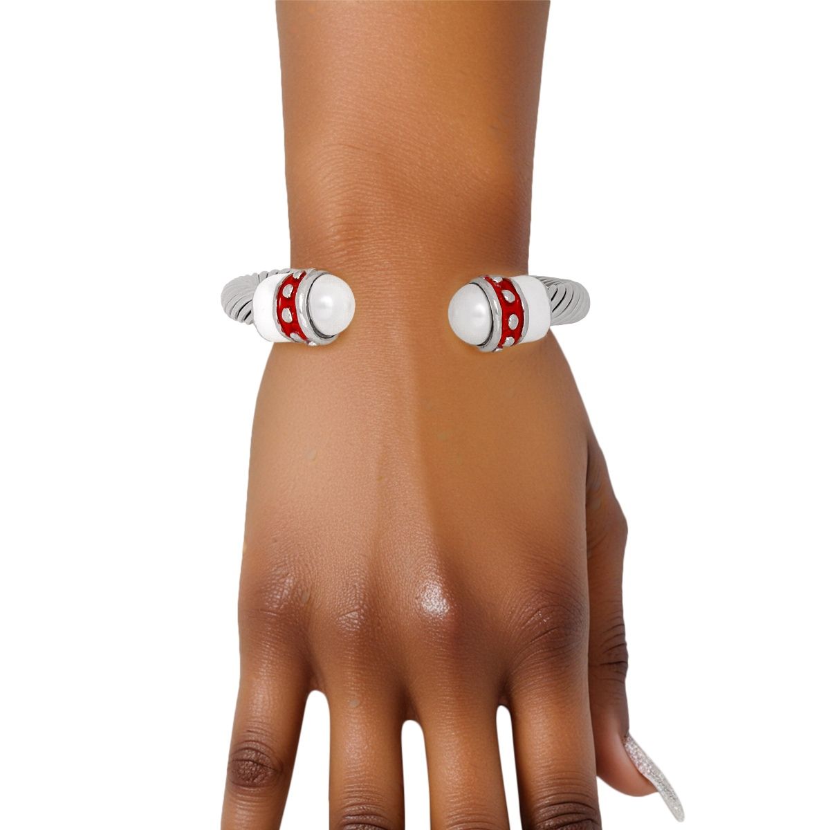 Red White Thick Cable Classic Silver Bangle