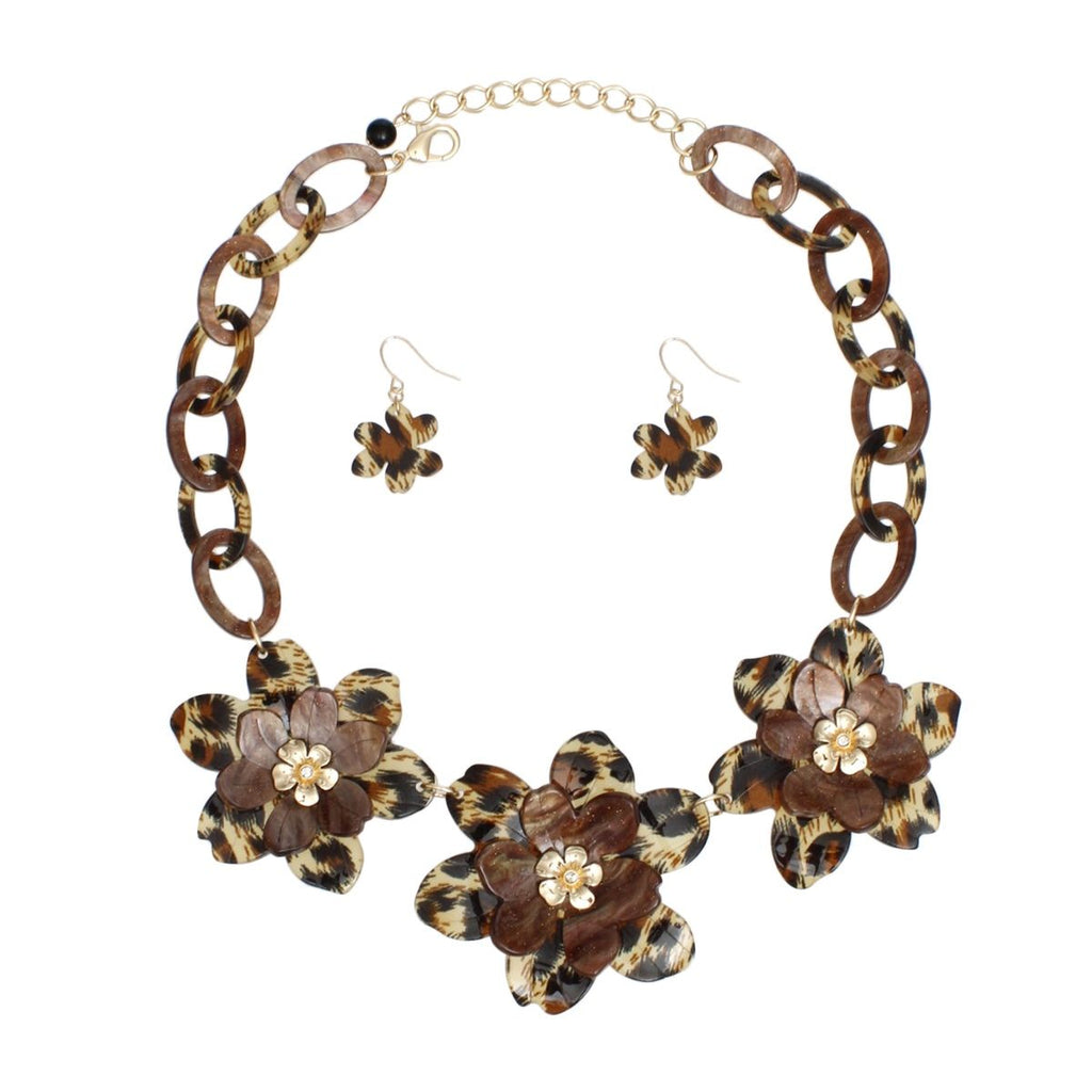 Collar Marbled Leopard Links 3D Flower Necklace