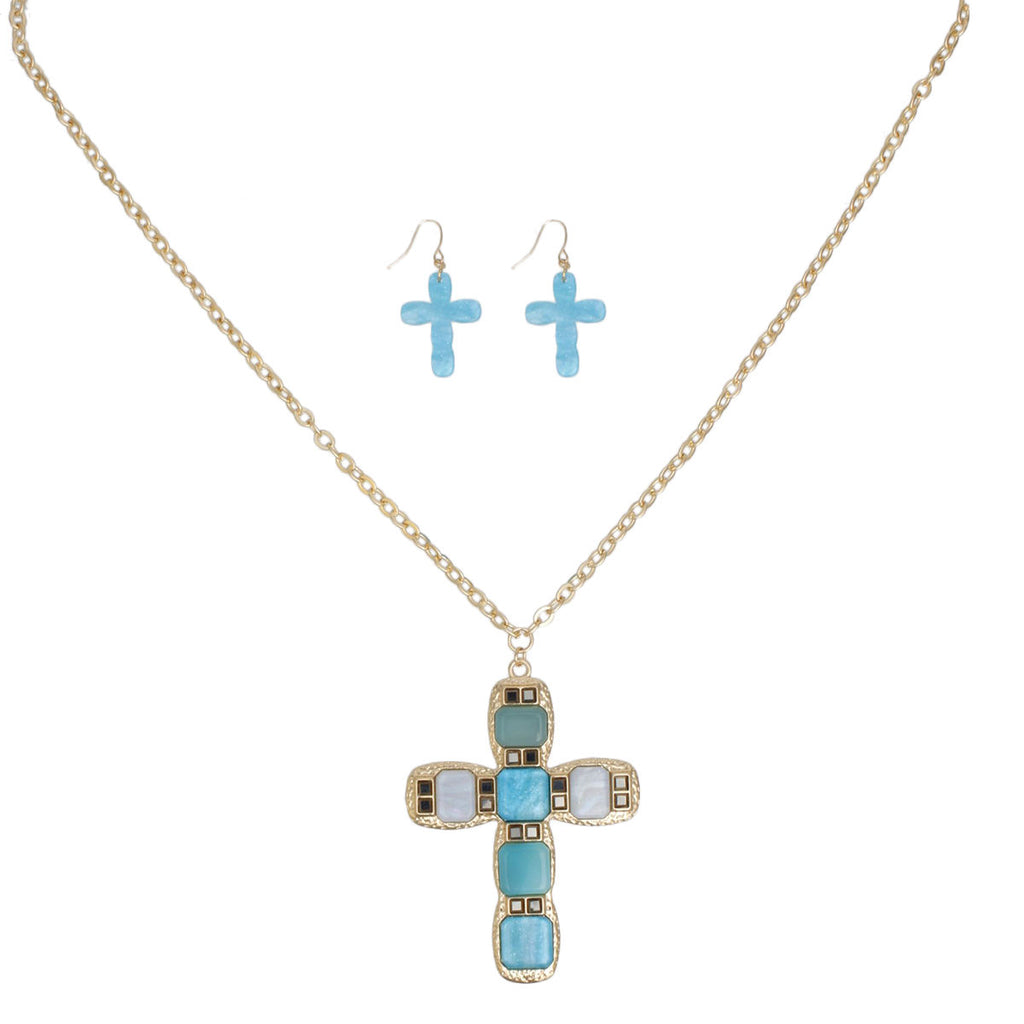 Pendant Blue Cross Long Gold Chain Necklace