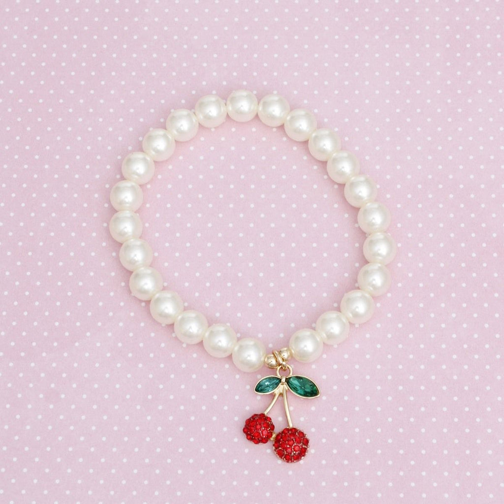 Bracelet Cream Pearl Cherry Red Rhinestone Charm