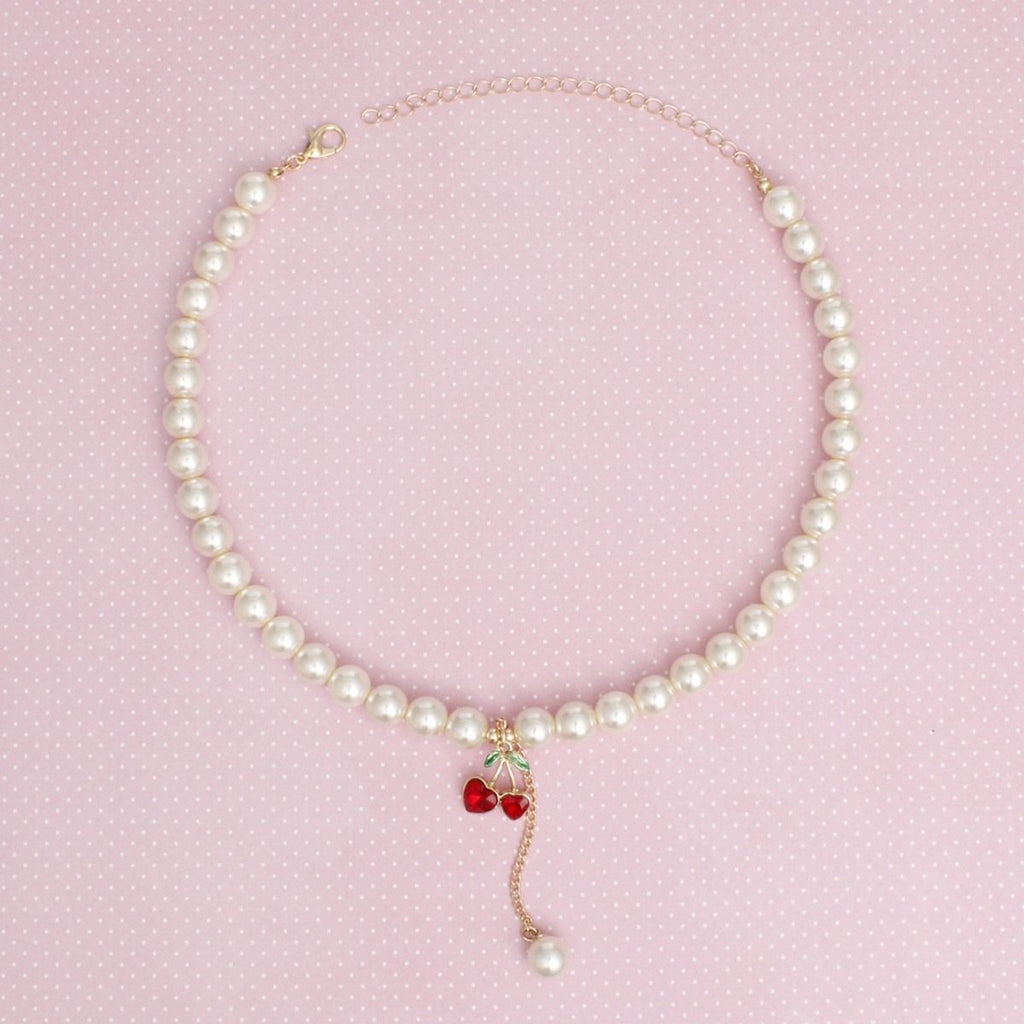Charm Cream Pearl Cherry Red Heart Necklace Women