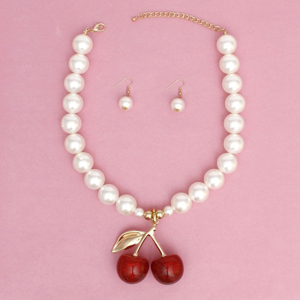 Pendant Bold Cheeky Glitter Cherry Pearl Necklace