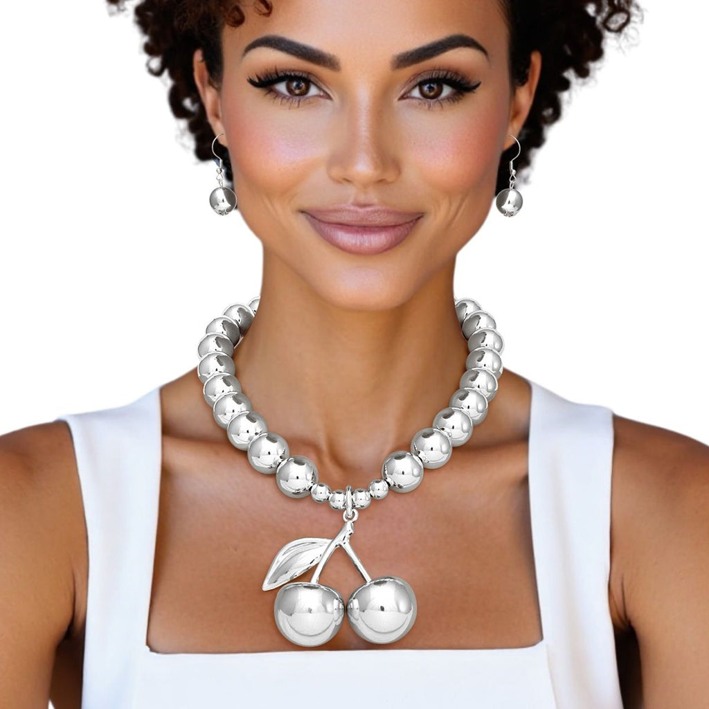 Pendant Sultry Silver Bead Coquette Cherry Necklace