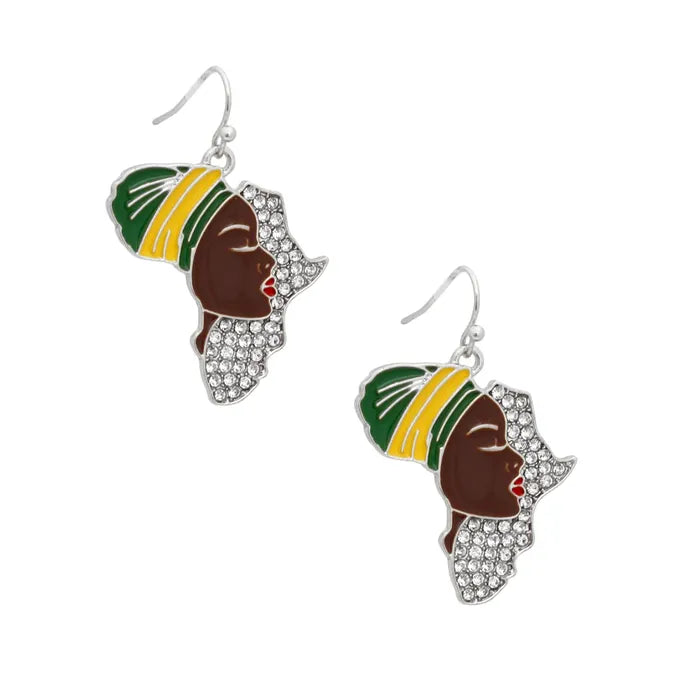 Silver African Woman Fish Hooks Rhinestone Earrings