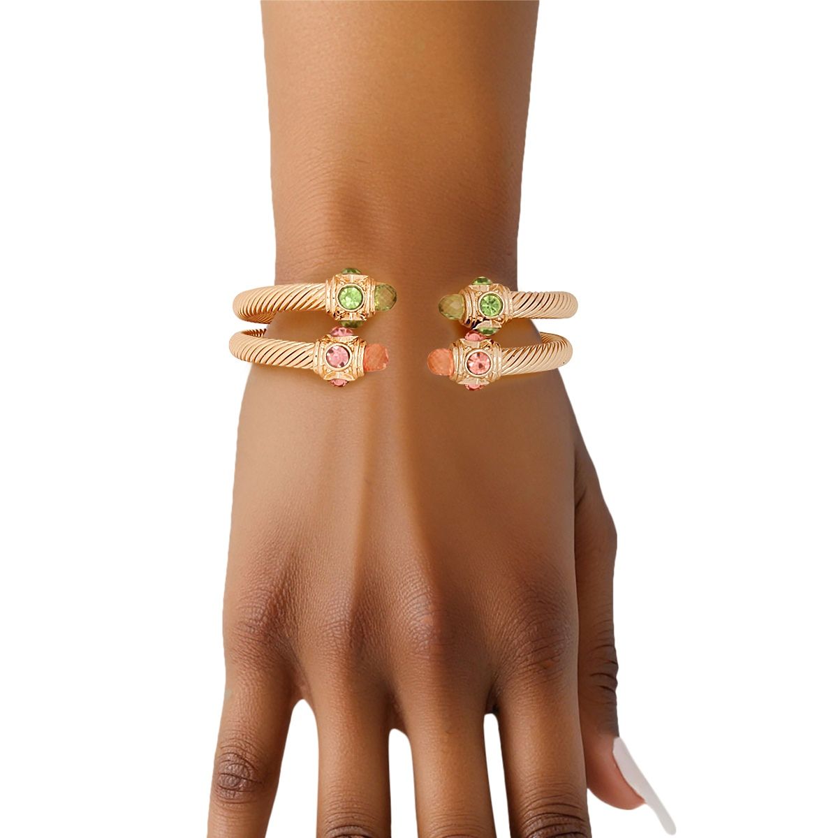  Pink Green Gold Crystal Cable Bangle Bracelets