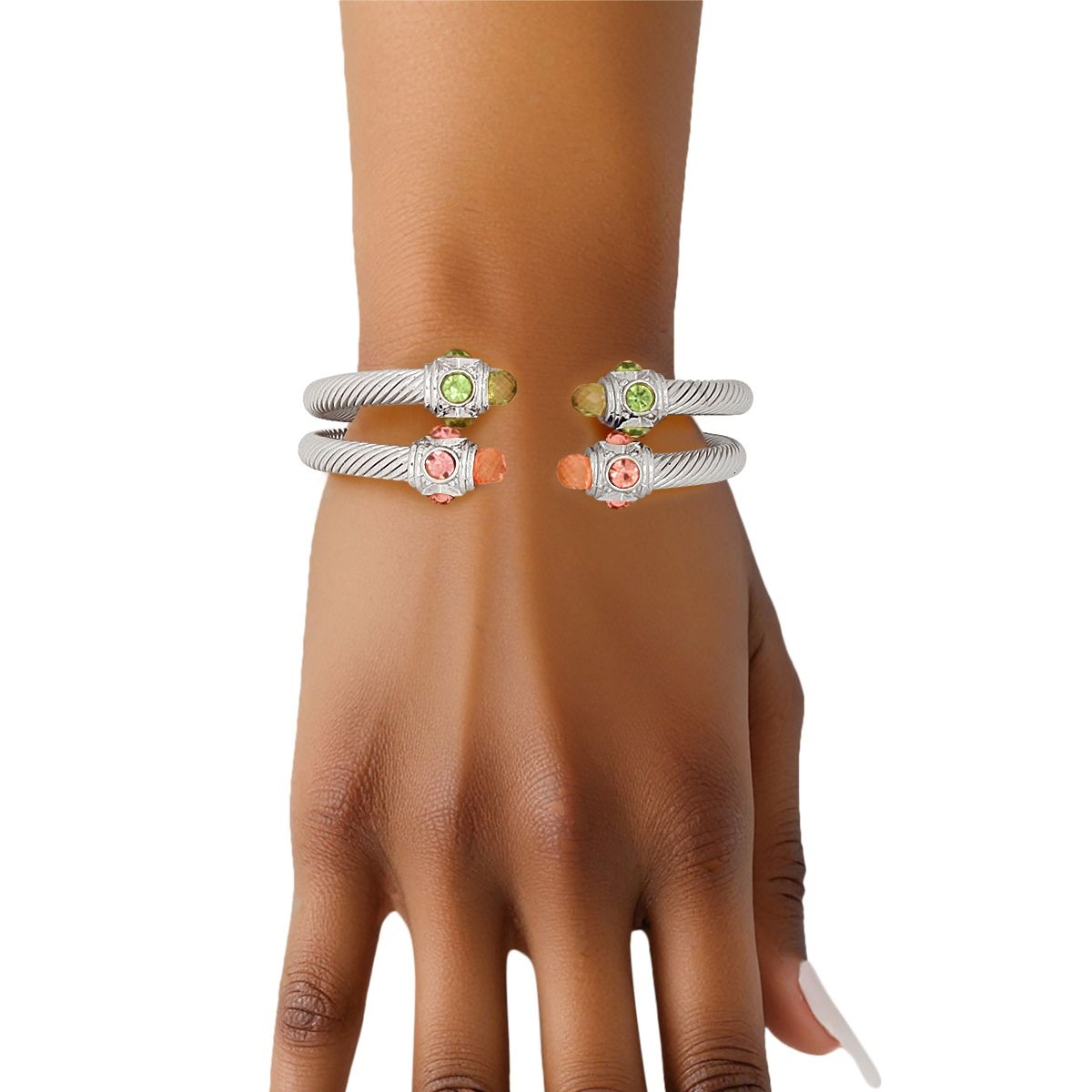  Pink Green Crystal Cable Bangle Bracelet Set