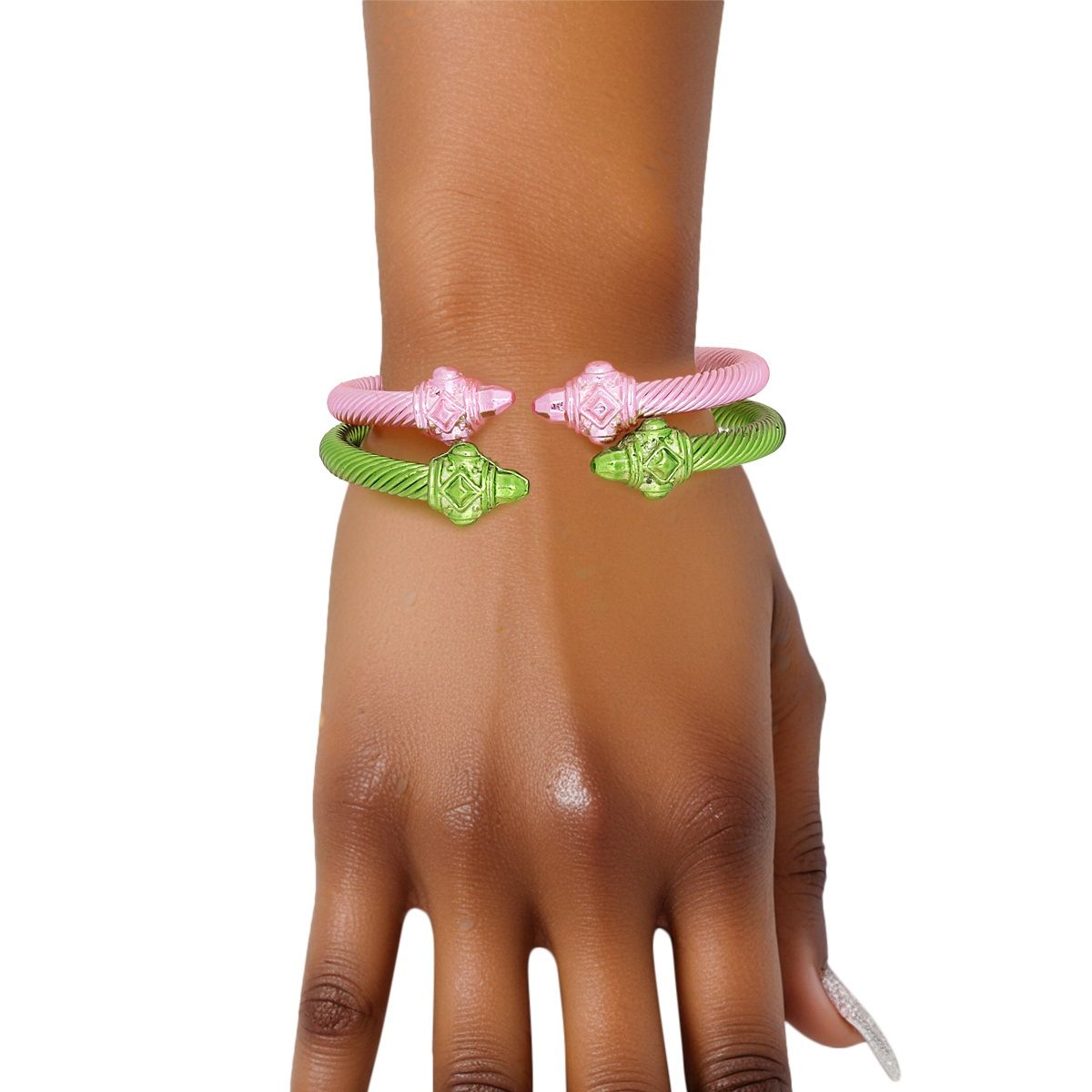   Pink Green Pointed Cable Bangle Set