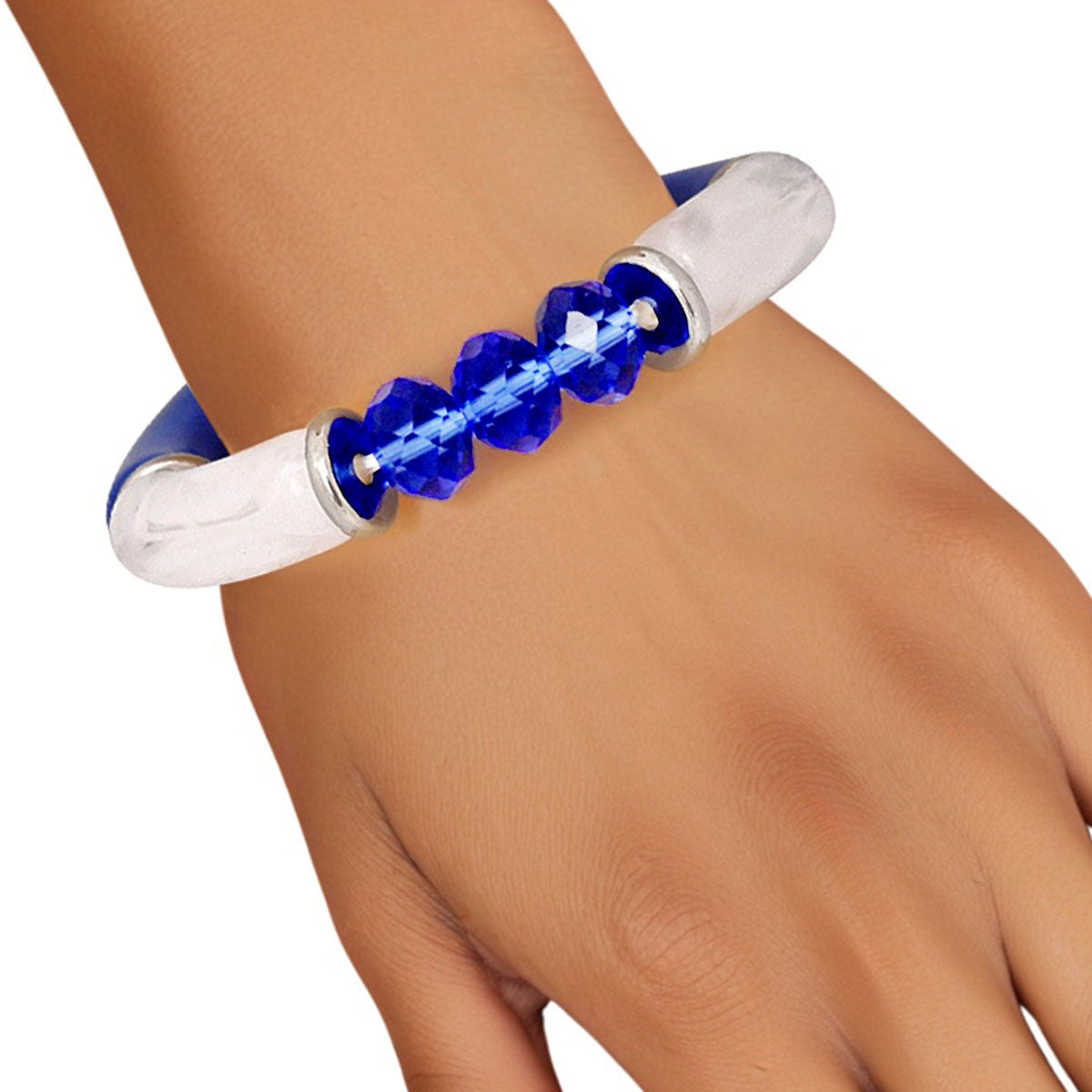  Blue White Tubular and Glass Bead Bracelet