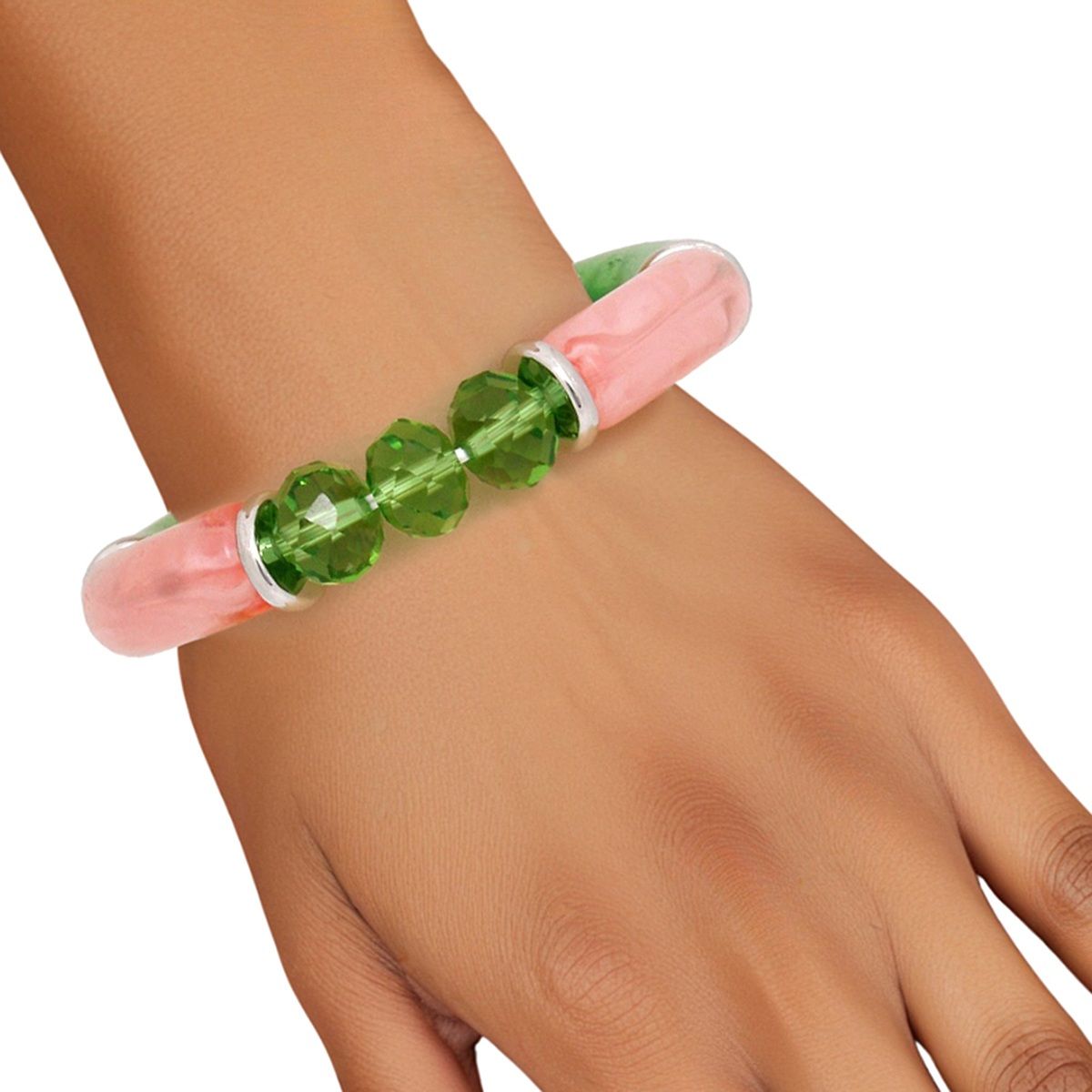  Pink Green Tubular and Glass Bead Bracelet