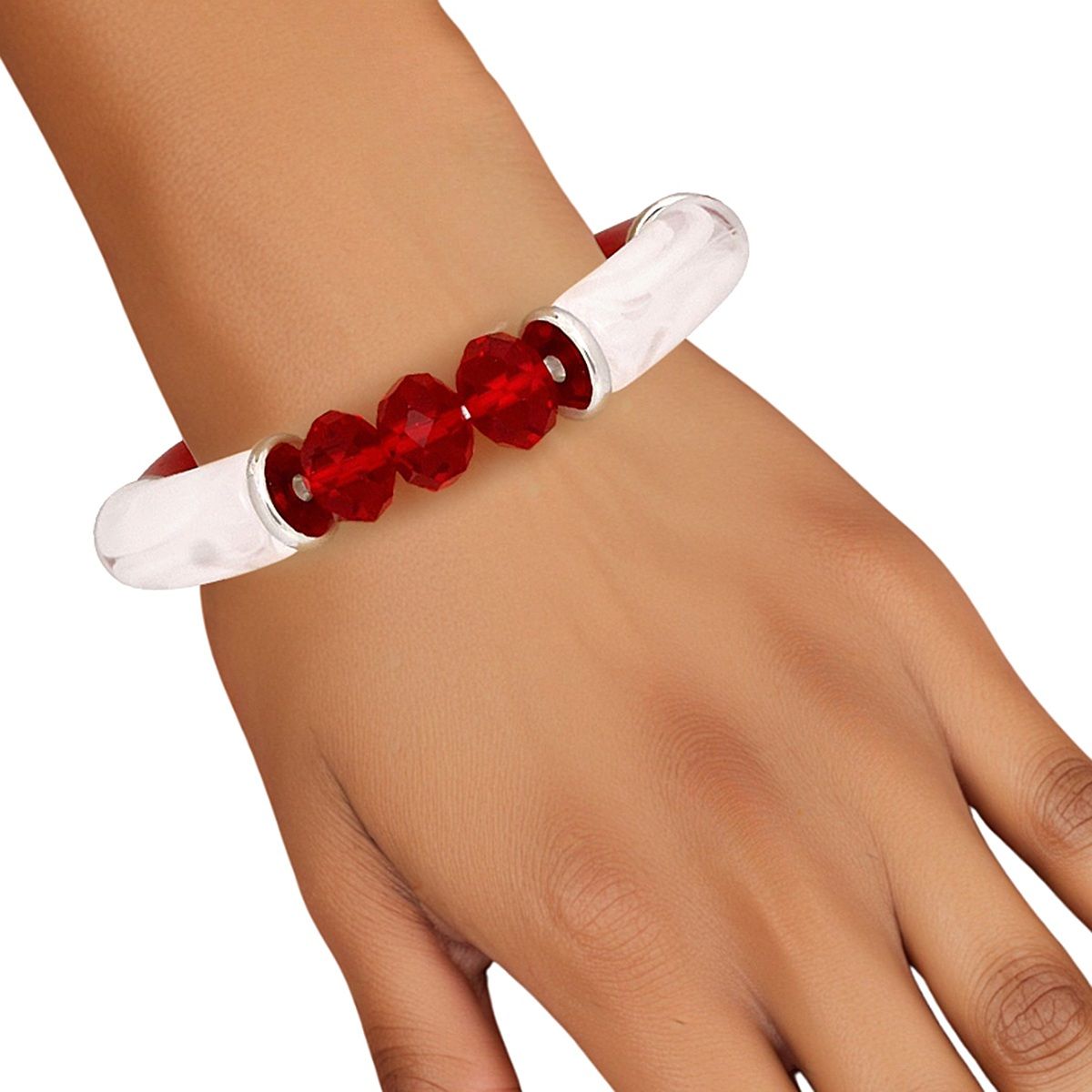  Red White Tubular and Glass Bead Bracelet