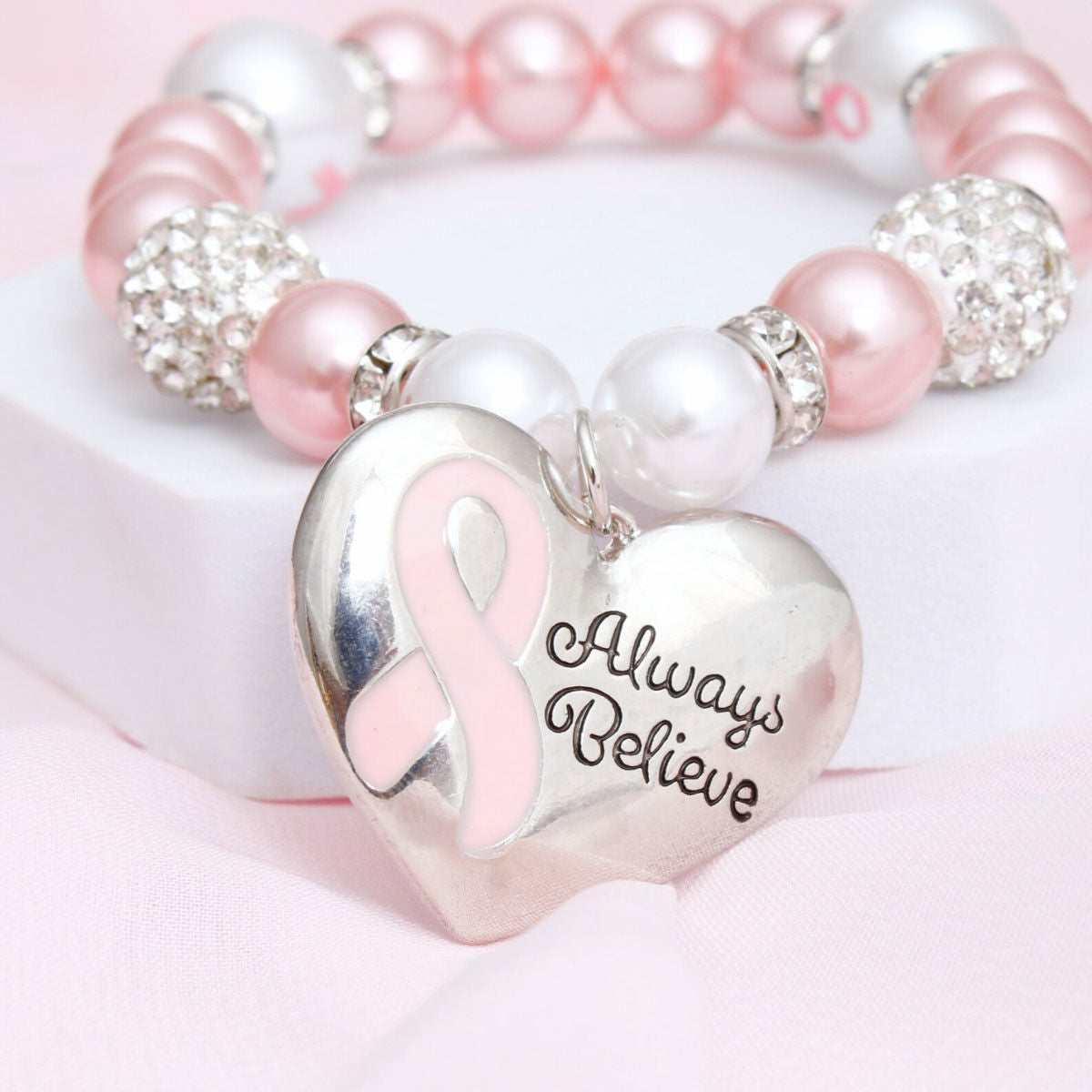 Breast Cancer Light Pink Pearl Heart Charm Bracelet