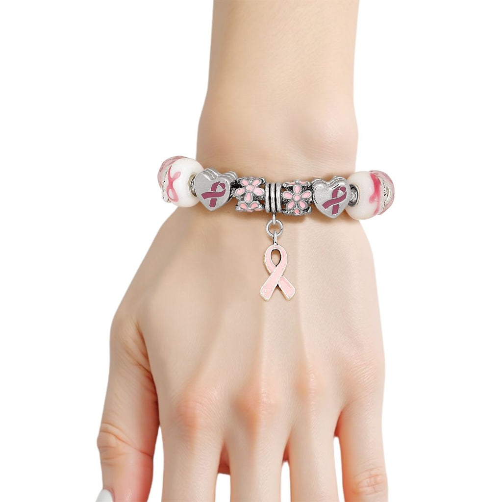Breast Cancer Silver Hope Ribbon Charm Bracelet