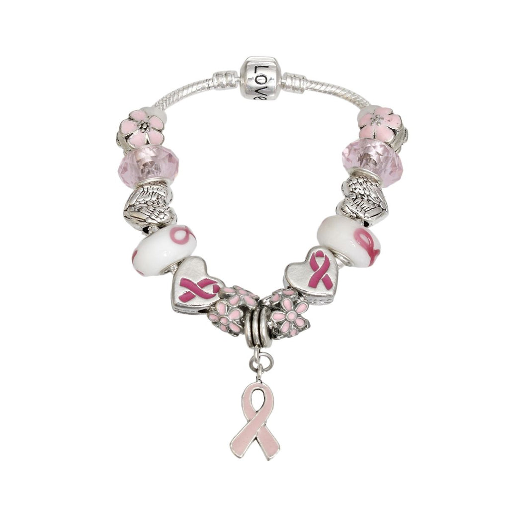 Breast Cancer Silver Hope Ribbon Charm Bracelet