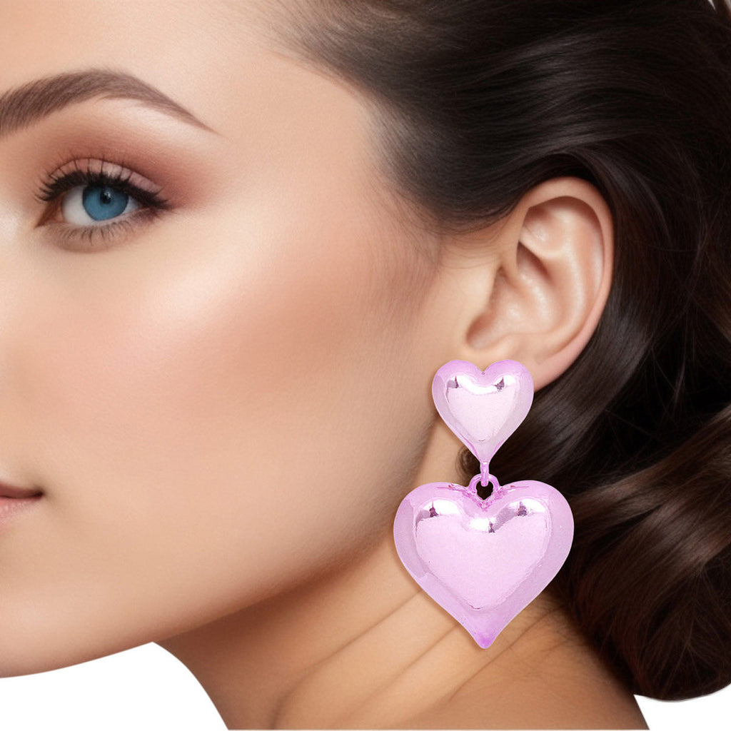Dangle Pink Med Puffy Metal Heart Earrings Women