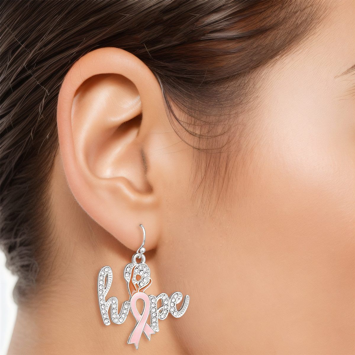 Breast Cancer Fish Hook Silver Hope Glam Earrings