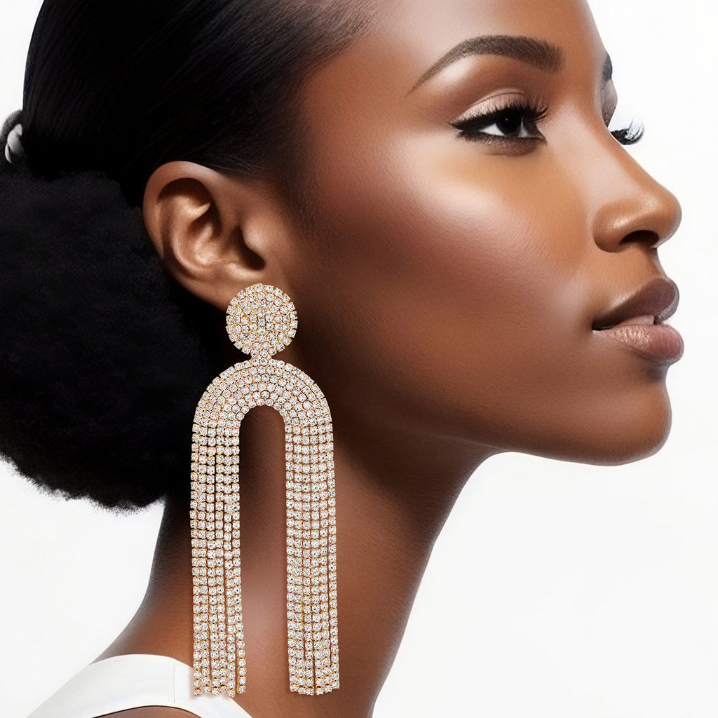 Fringe Gold Pave Long Arched Earrings for Women