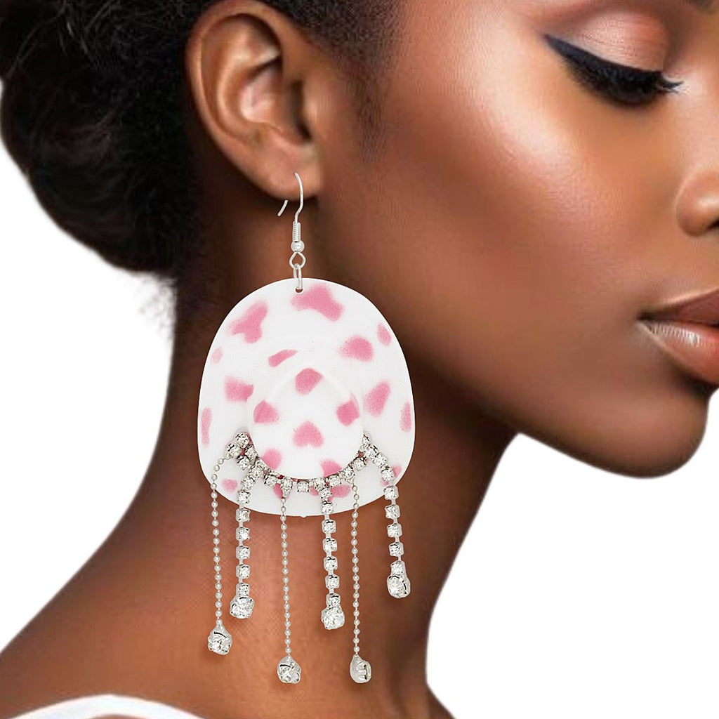 Fish Hook White Pink Cowgirl Hat Fringe Earrings