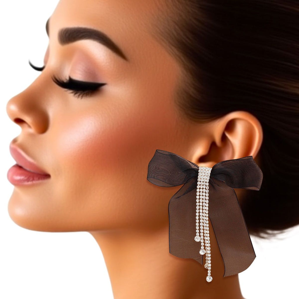 Tassel Black Ribbon Bow Sparkling Fringe Earrings