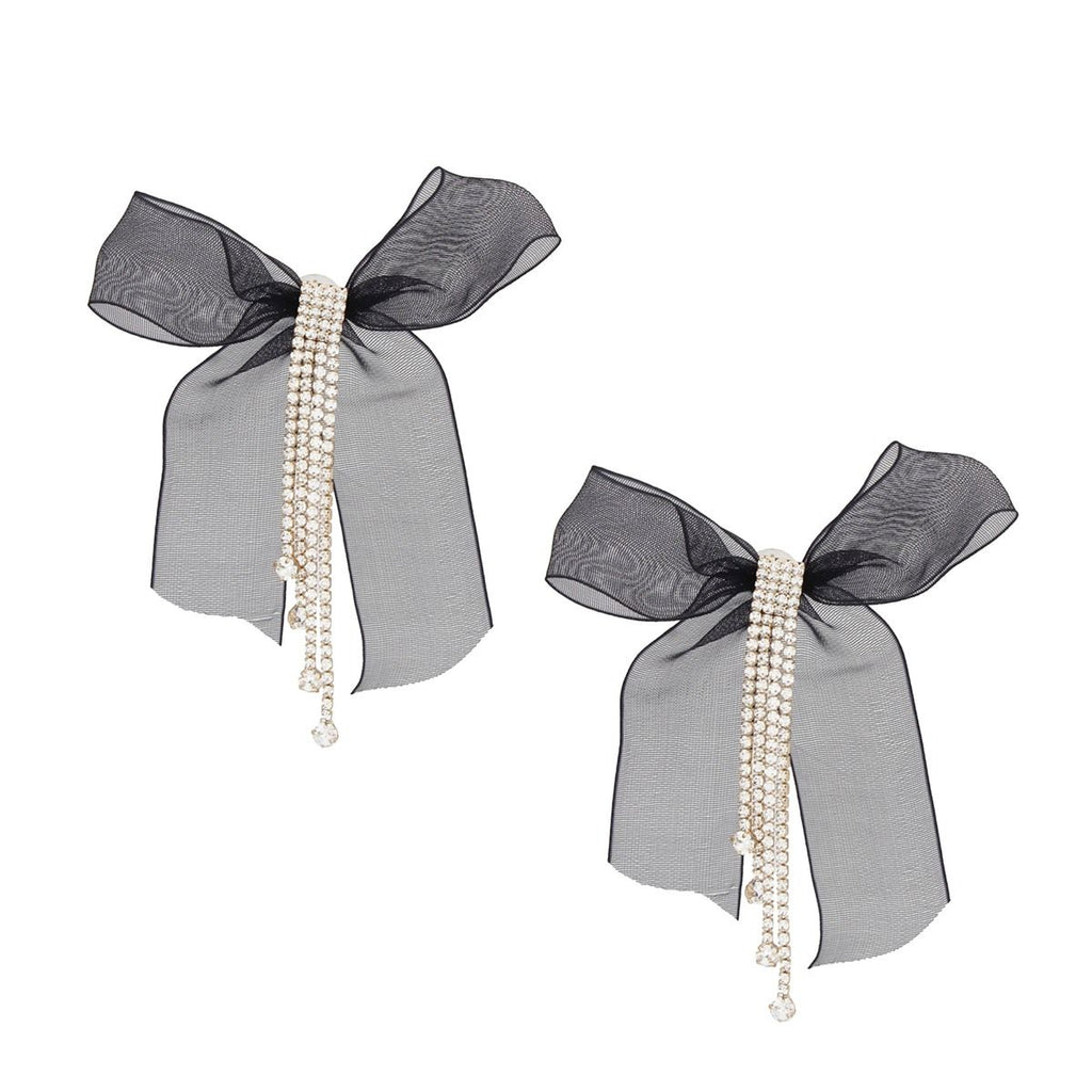 Tassel Black Ribbon Bow Sparkling Fringe Earrings
