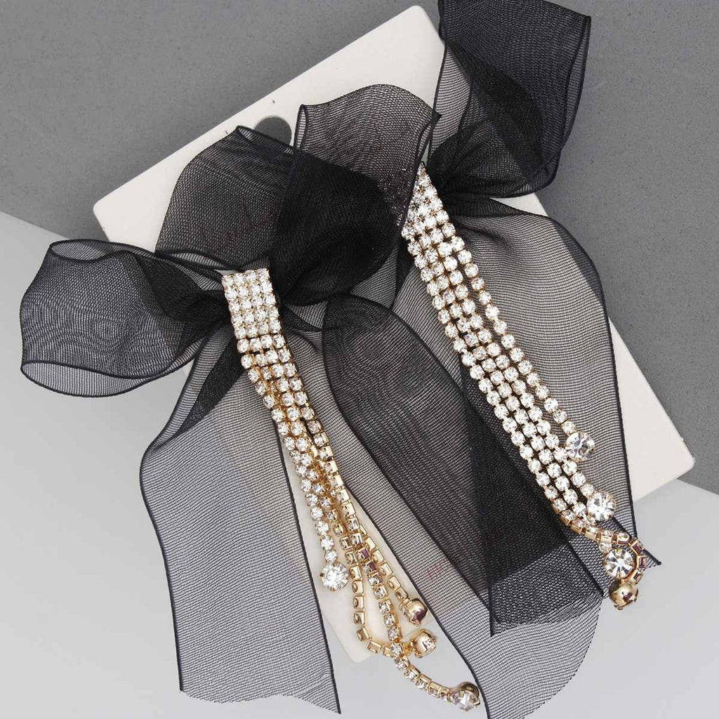 Tassel Black Ribbon Bow Sparkling Fringe Earrings