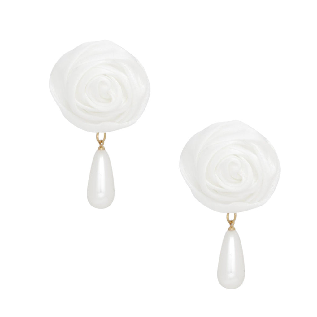 Stud White Rose White Pearl Teardrop Earrings