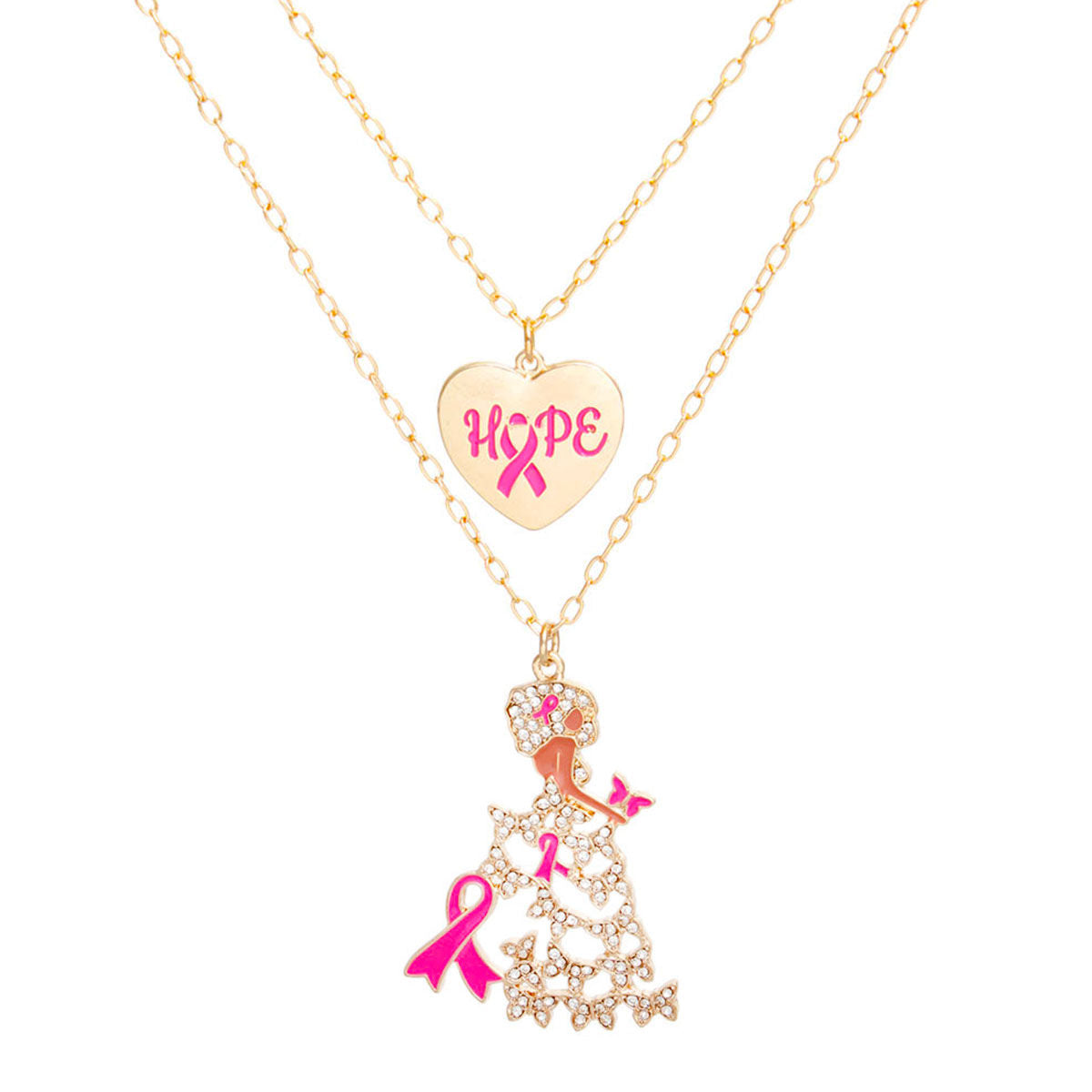 Breast Cancer Gold Chain 2 Pcs Pink Ribbon Pendants