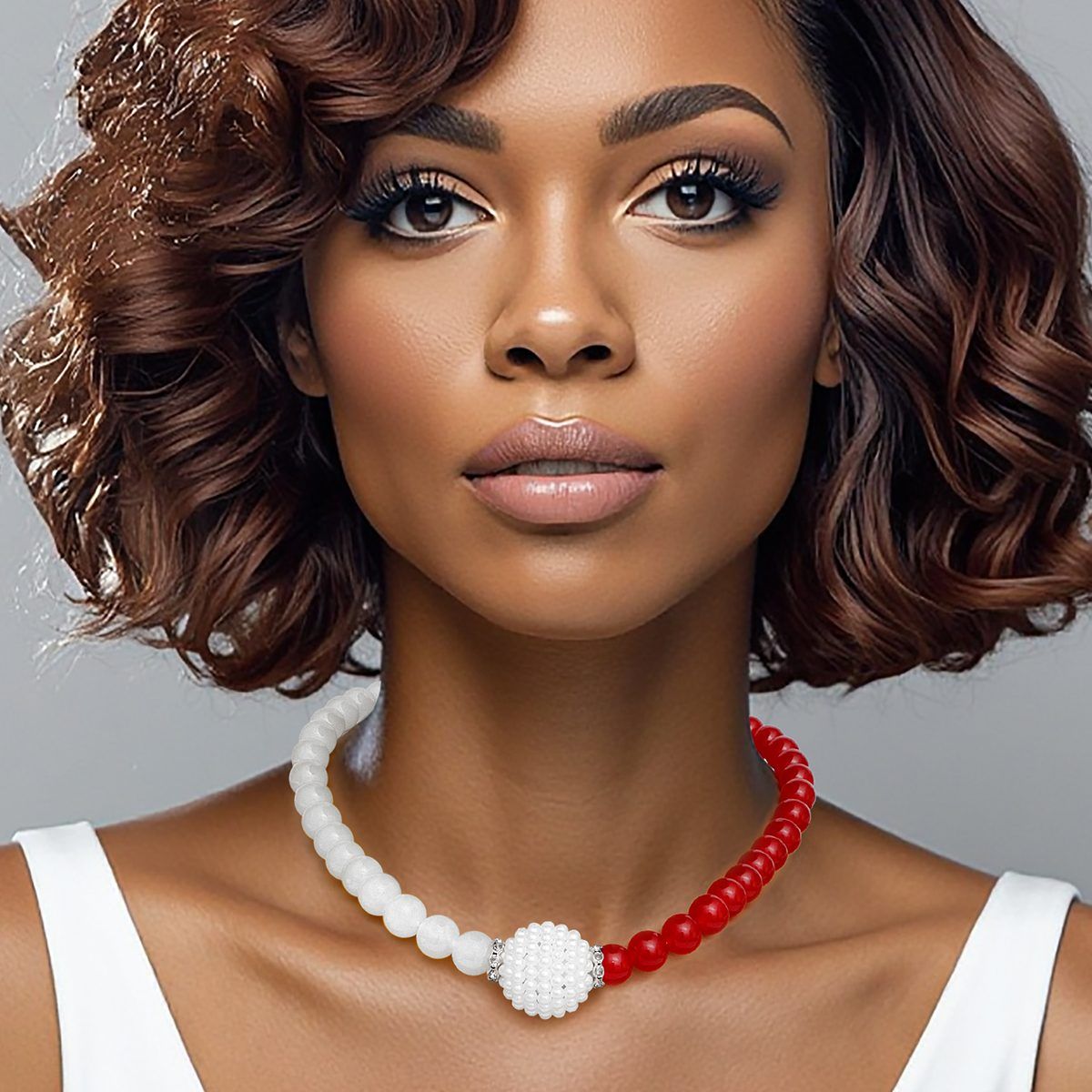   Red White Pearl Glass Bead Necklace