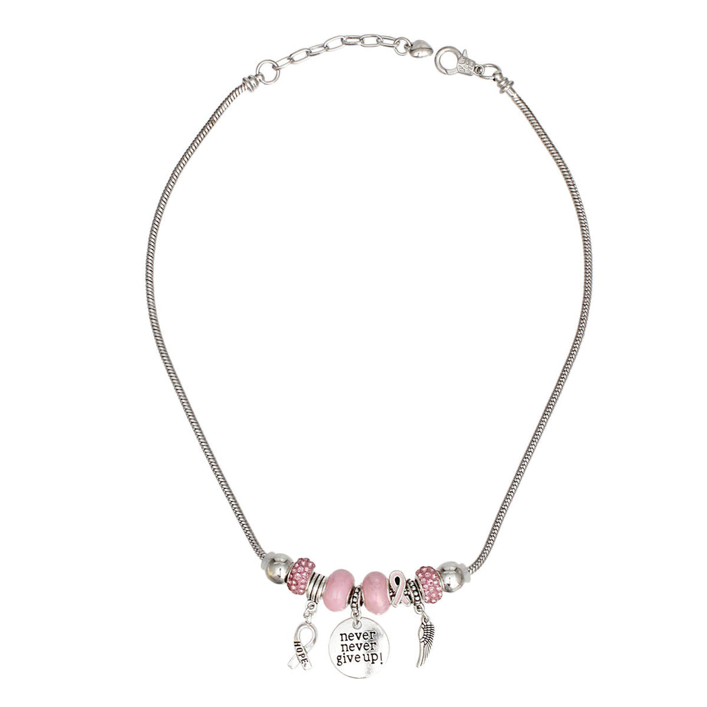 Breast Cancer Silver Never Give Up Charm Necklace