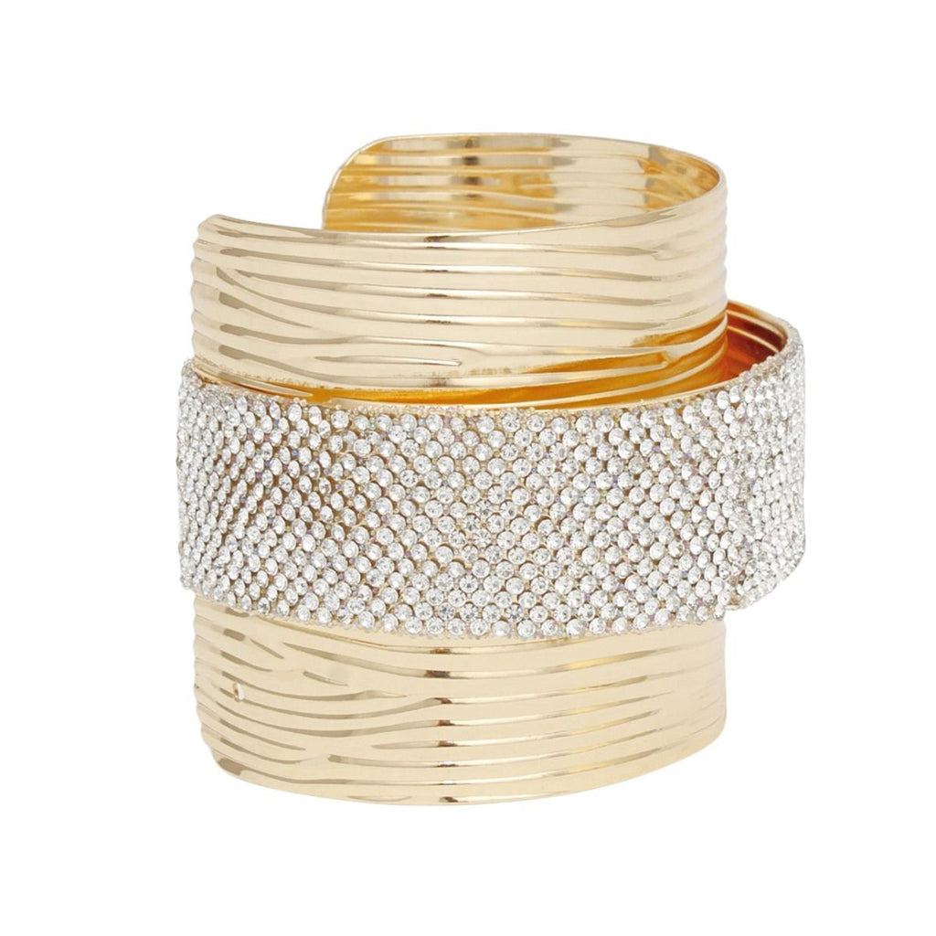 Cuff Gold Ribbed Clear Rhinestone Band Bracelet