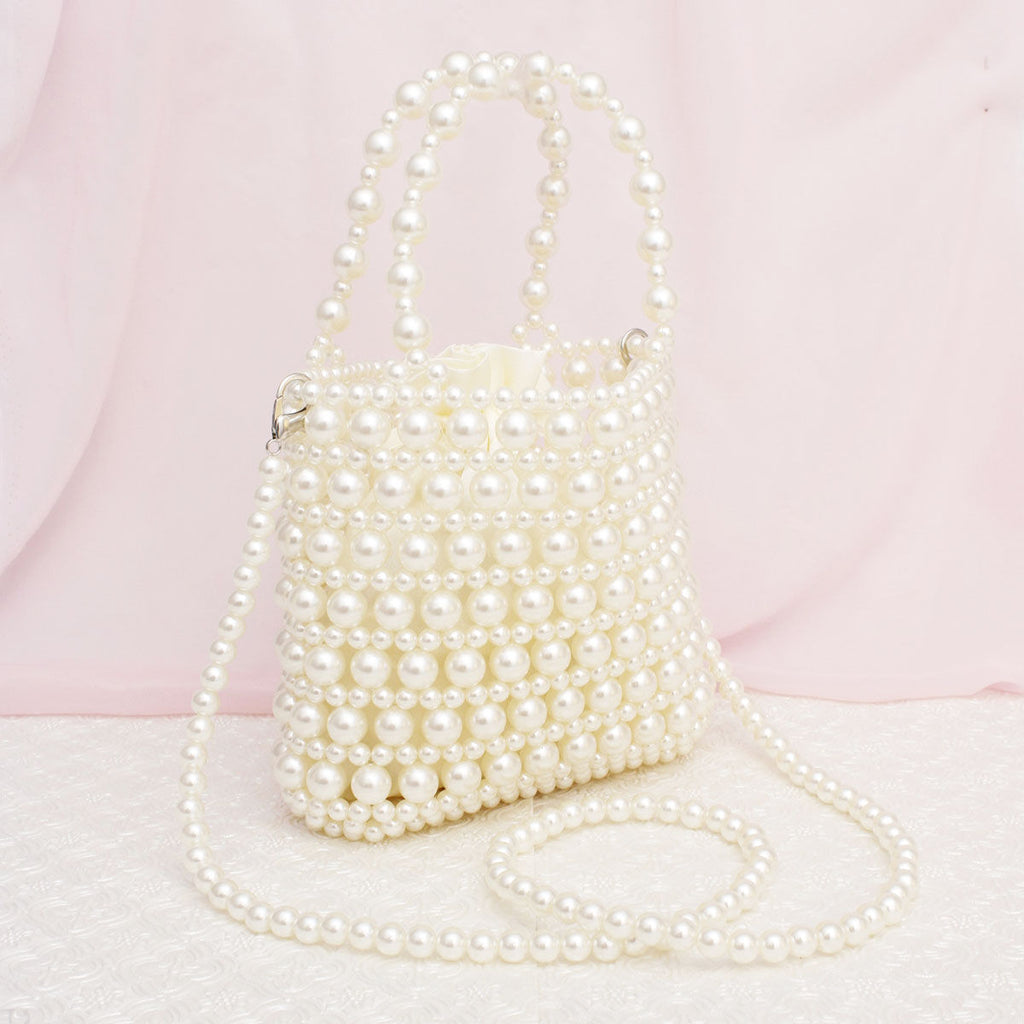 Top Handle Vintage Woven Cream Pearl Crossbody Bag