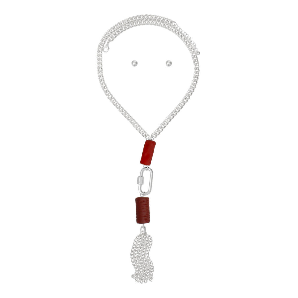 Long Silver Chain Carabiner Red Tassel Necklace