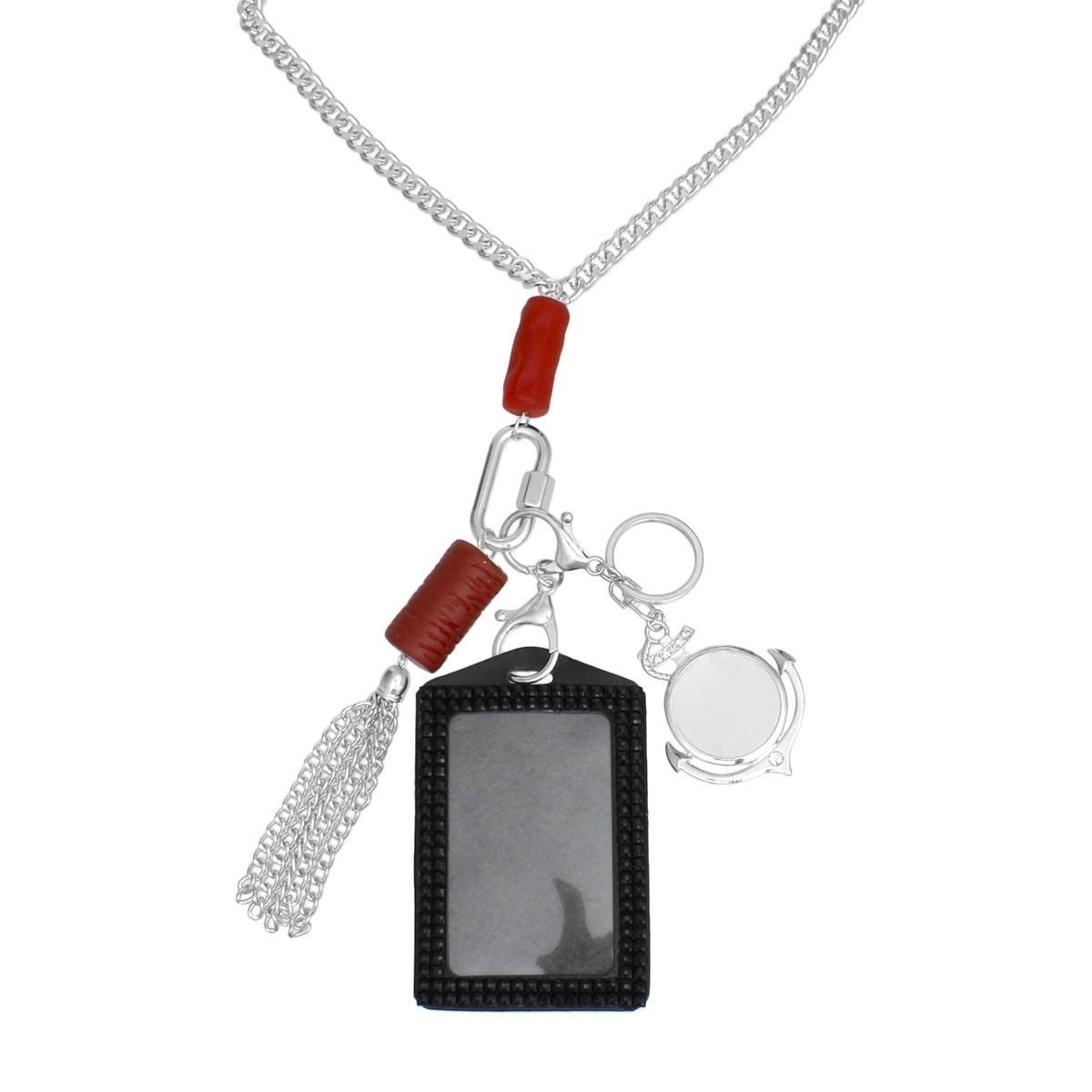 Long Silver Chain Carabiner Red Tassel Necklace