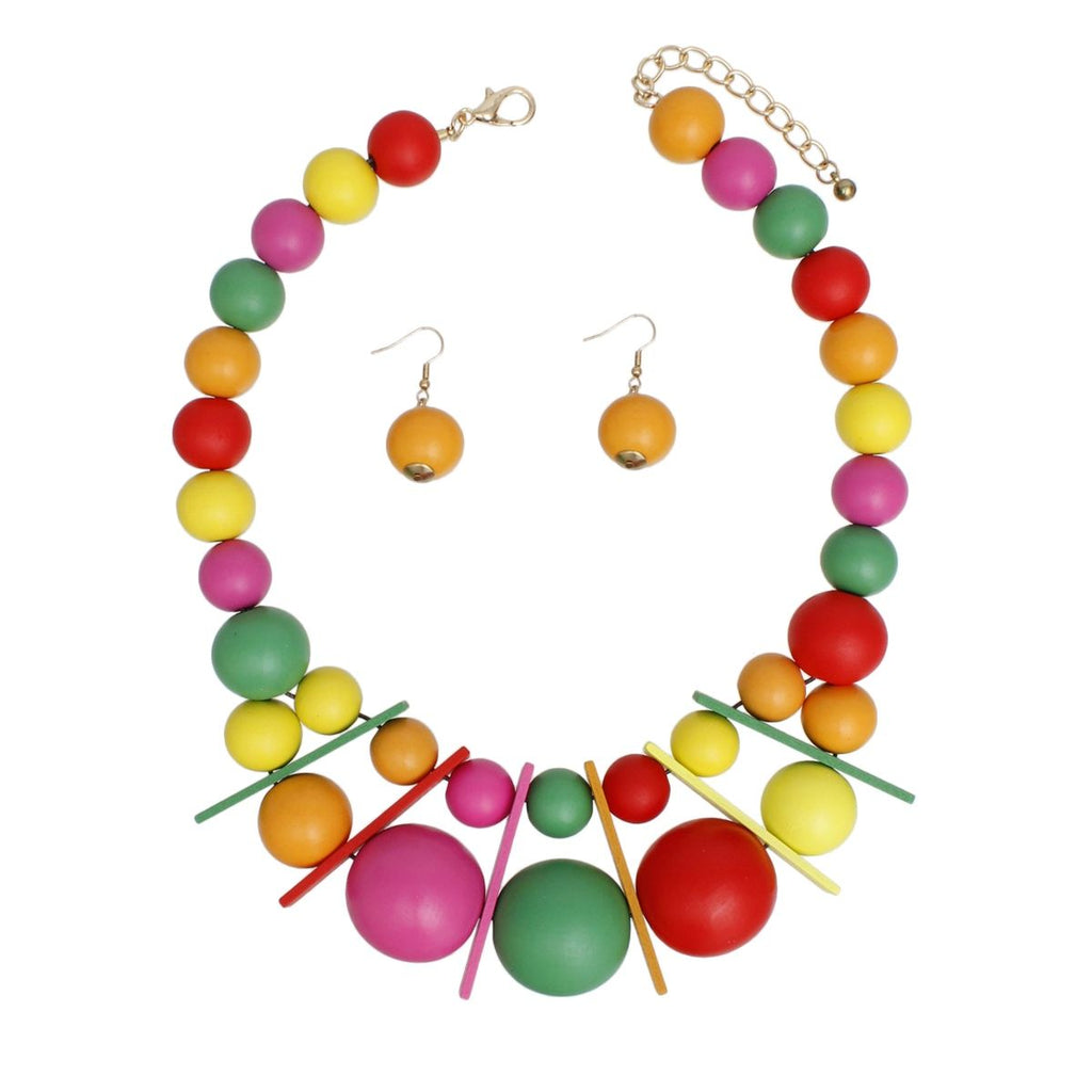 Bib Chunky Rainbow Wood Geometric Bead Necklace