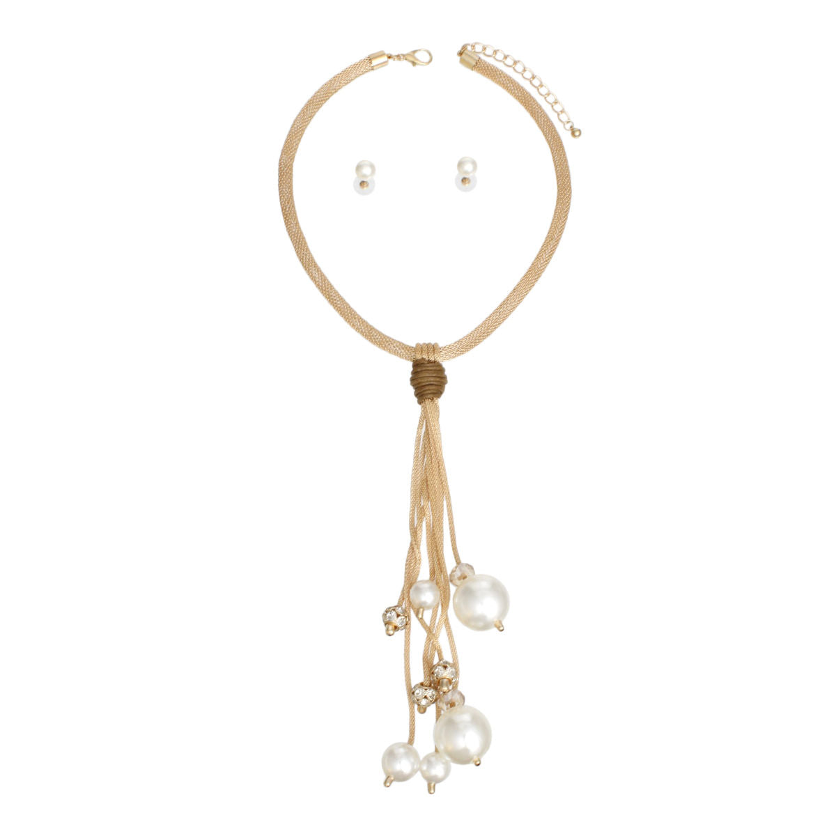 Tassel Long Cream Pearl Rhinestone Gold Necklace