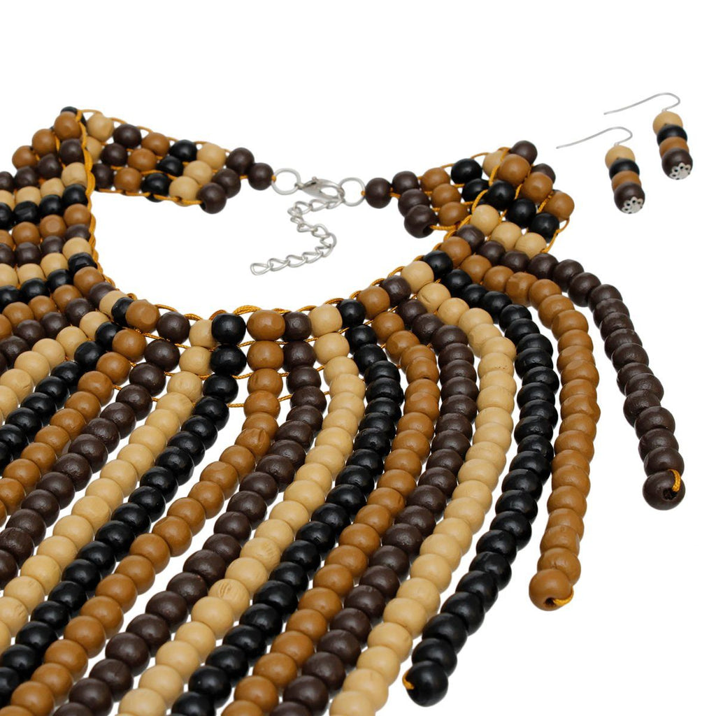 Bib Long Brown Wood Bead Fringe Global Necklace