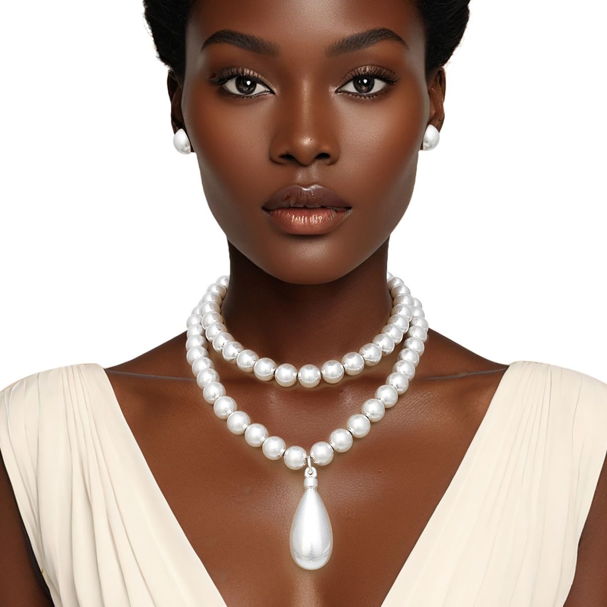 Bead Matte Silver Teardrop Pendant Double Necklace