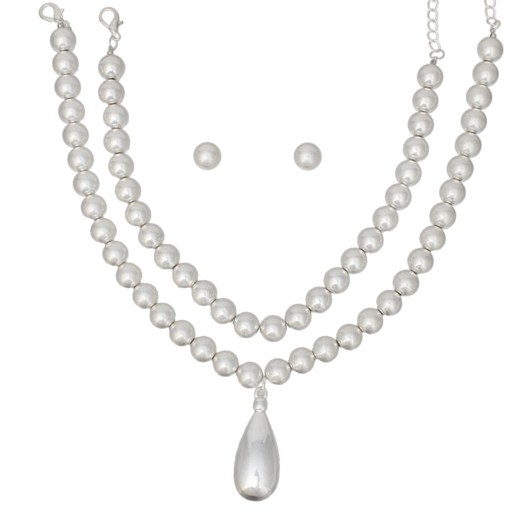 Bead Matte Silver Teardrop Pendant Double Necklace