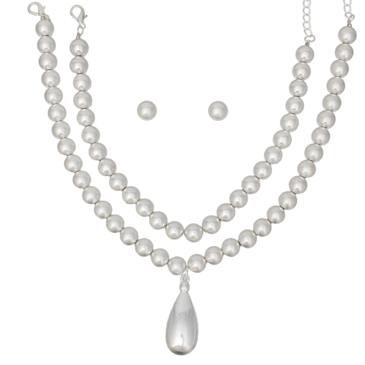 Bead Matte Silver Teardrop Pendant Double Necklace