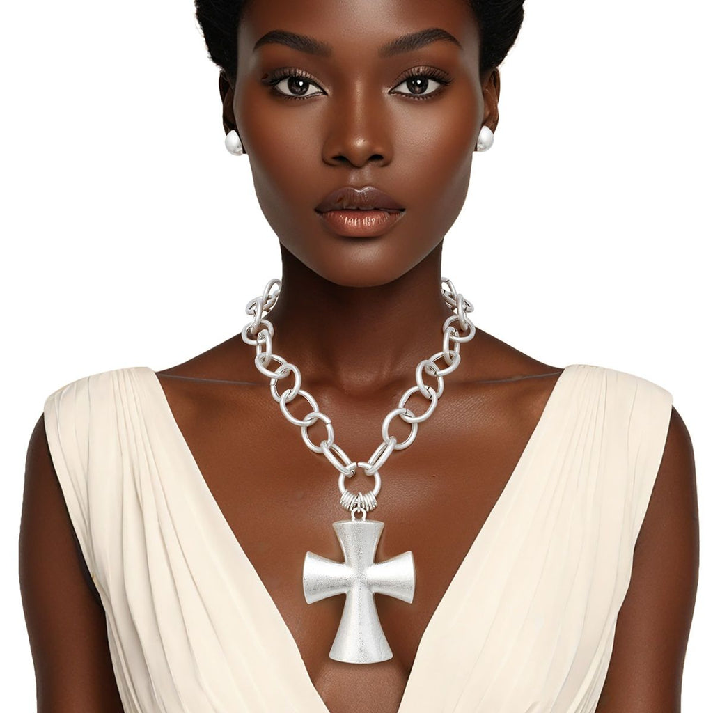 Pendant Chunky Matte Silver Cross Chain Necklace