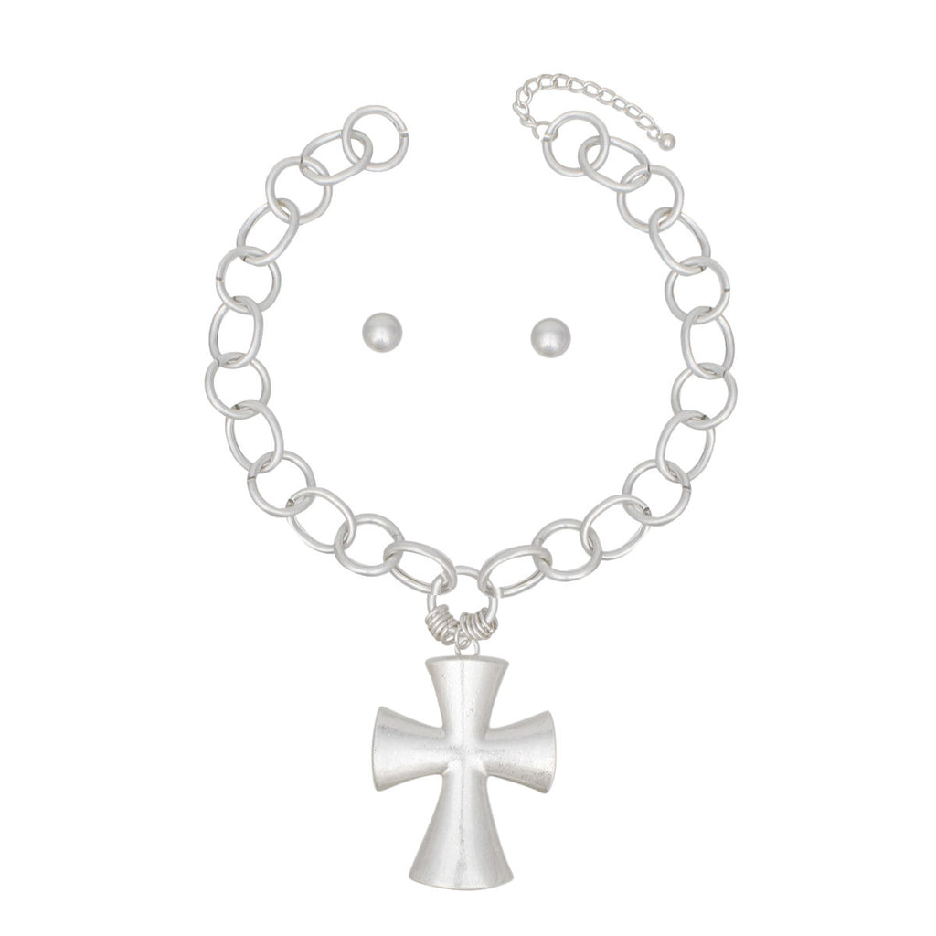 Pendant Chunky Matte Silver Cross Chain Necklace