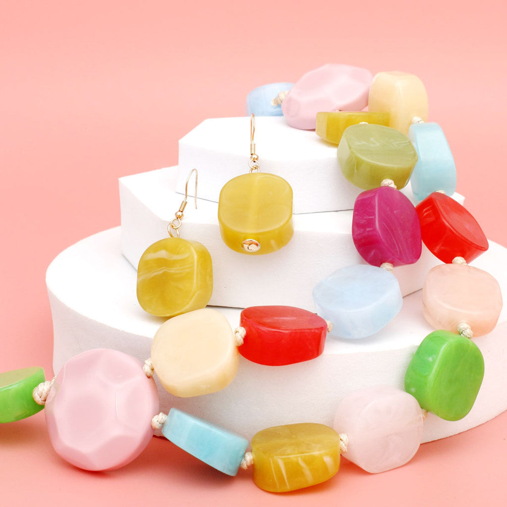 Bead Multicolor Marbled Geometric Chunky Necklace