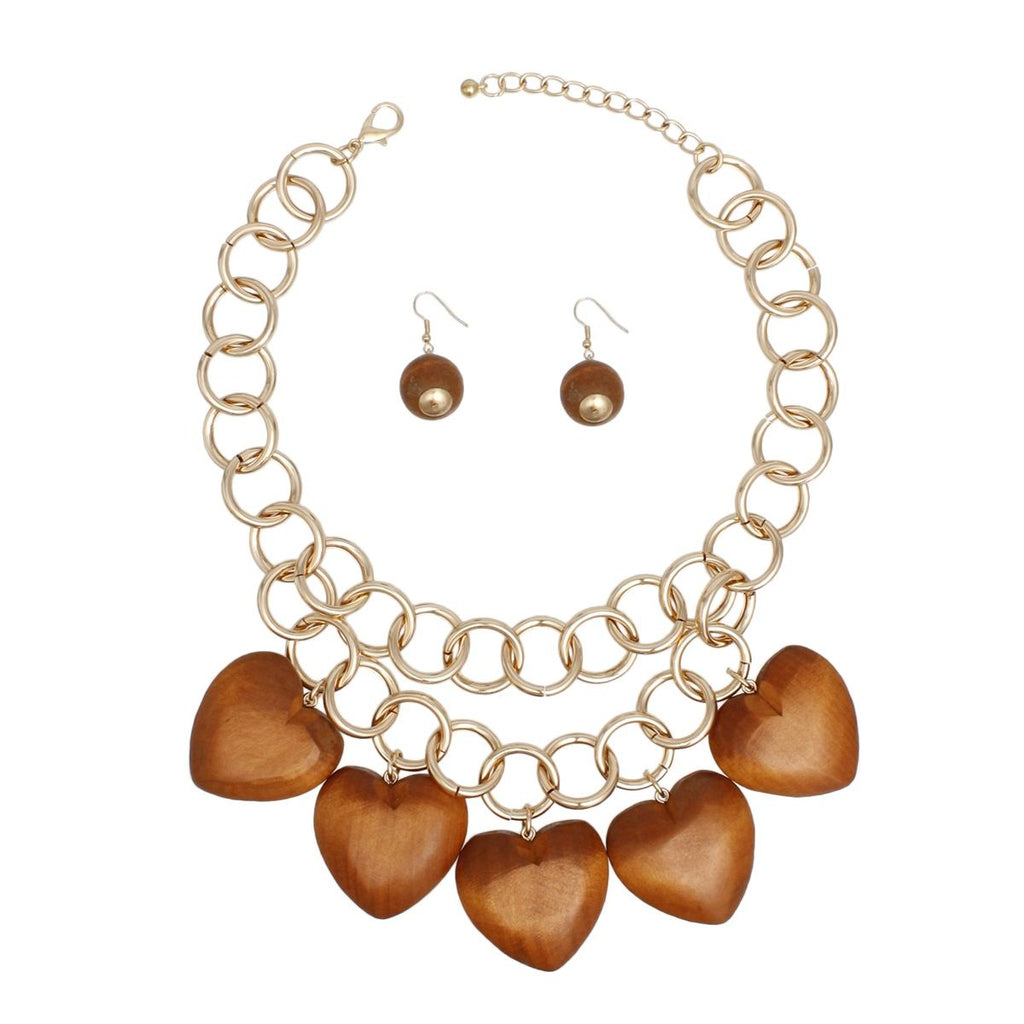 Bib Chunky Brown Wooden Heart Bead Necklace