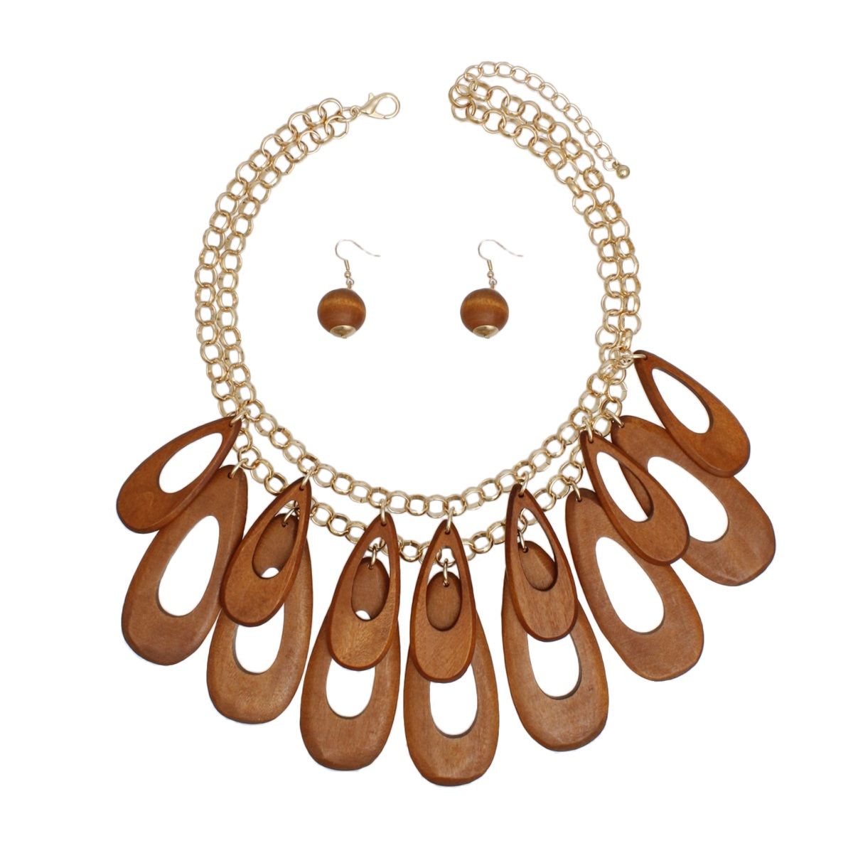 Bib Tribal Chic Brown Teardrop Wood Bead Necklace