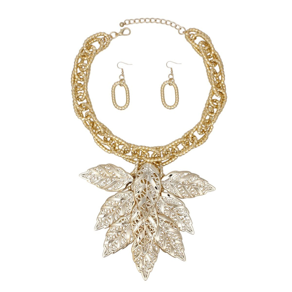 Bib Fall Season Gold Chunky Leaf Drop Necklace