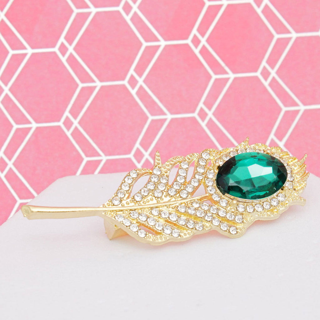 Brooch Vintage Emerald Green Crystal Feather Pin